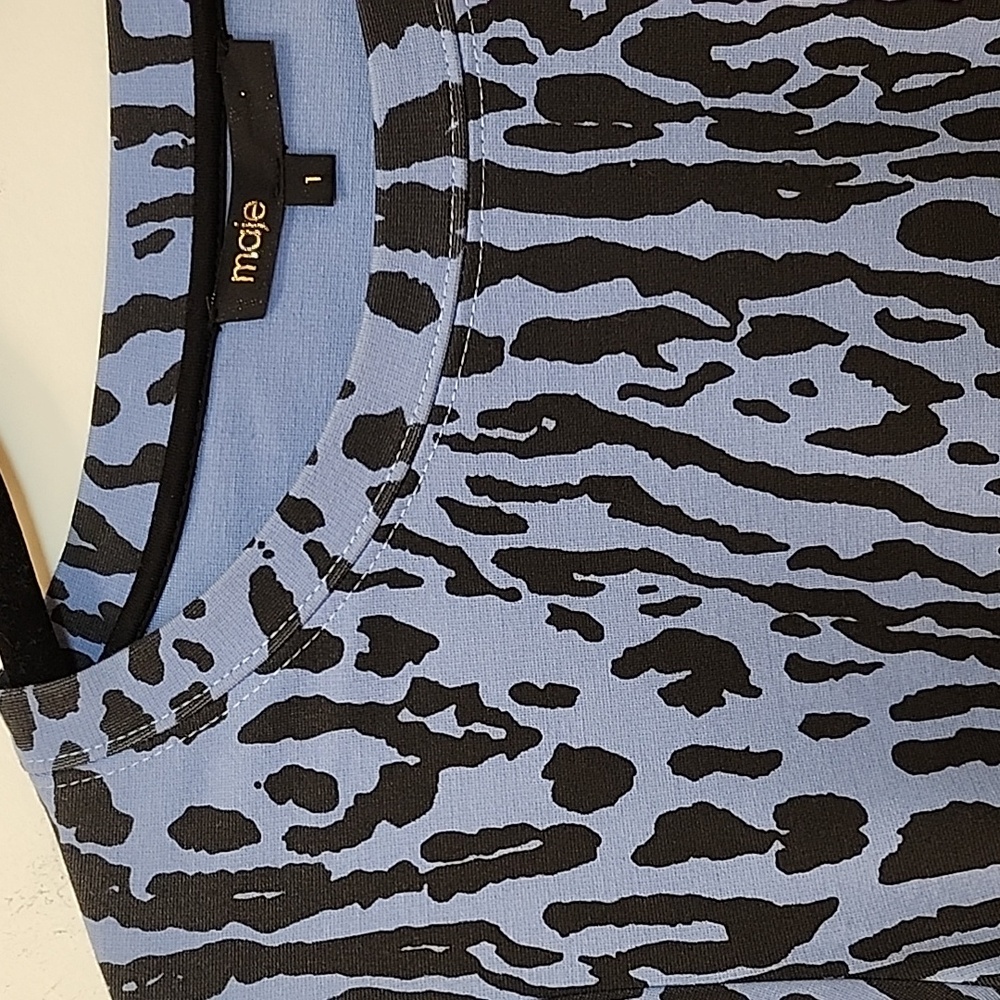 Maje Blue Black Animal Print Short Sleeve Mini Belted Dress Small - Picture 15 of 16